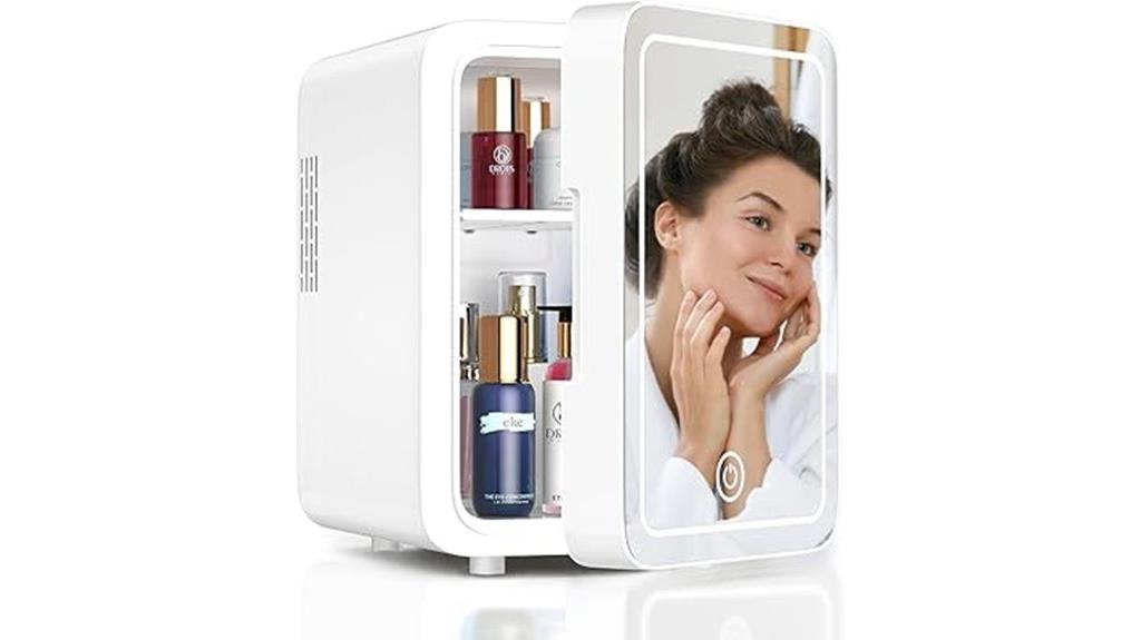 compact skincare fridge with mirror