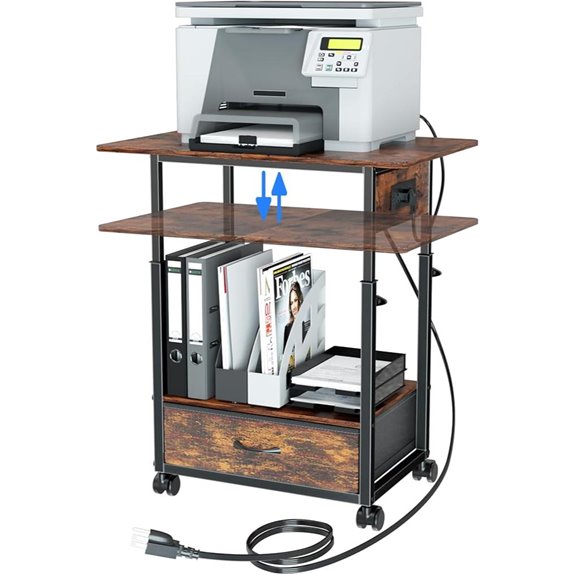Adjustable Printer Stand with Charging Station and Wheels