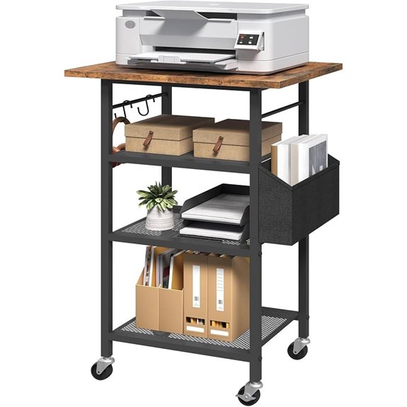 4-Tier Rolling Printer Stand with Hooks and Storage