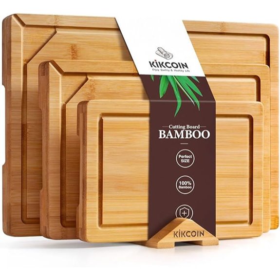 Kikcoin Bamboo Cutting Board Set with Handles and Stand