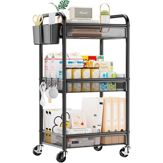 YASONIC 3-Tier Metal Rolling Cart with Hooks