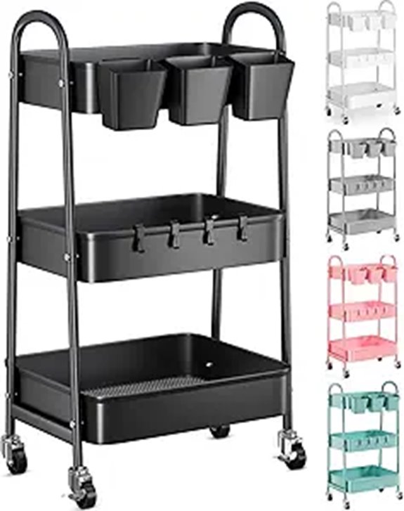 3-Tier Metal Rolling Cart with Lockable Wheels