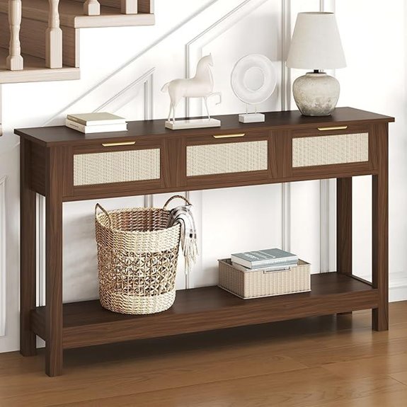 Luoxiao Walnut Console Table with Rattan Drawers