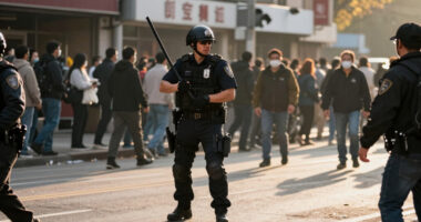 Four arrested and officer hurt in violent disorder