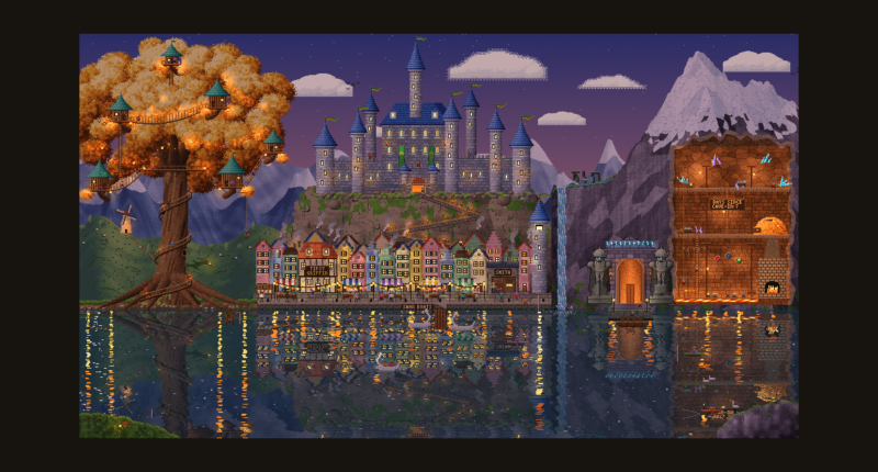 Hearthvale: a pixel-art fantasy kingdom with a golden tree, a castle on a rock and a lake